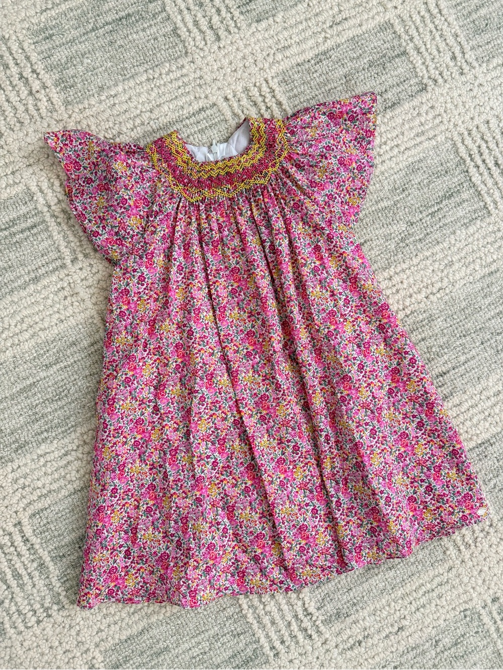 Tartine et Chocolat Pink Floral Smocked Dress with Yellow Accents